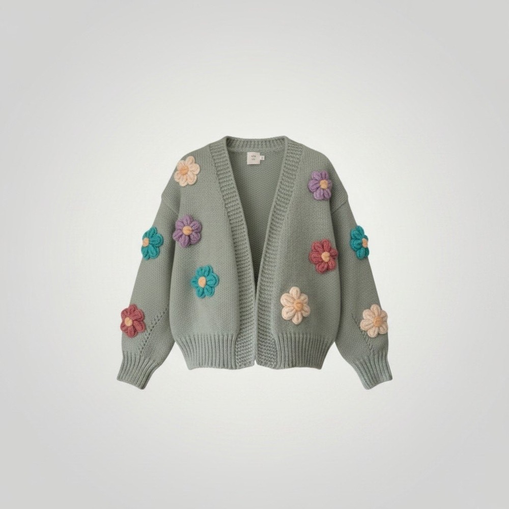 Luna Ivy Anthropologie Floral Applique Cardigan XS Sage Green Chunky Oversized